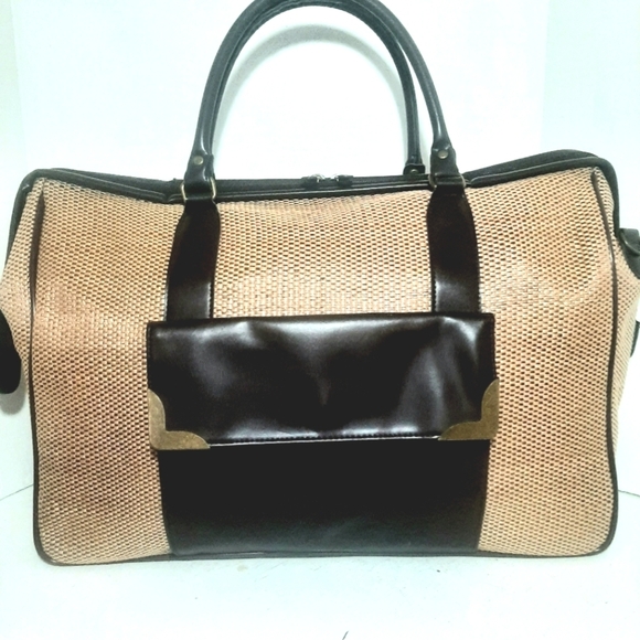 Handbags - Elegant Tan Nylon Weave with Chocolate Brown Faux Leather Travel/Duffle Baf